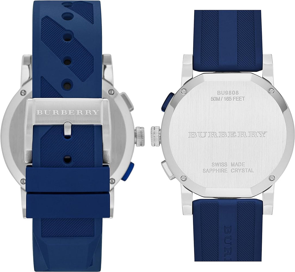 Burberry City Sport Swiss Analog Quartz Blue Rubber Strap Chronograph Mens BU9808