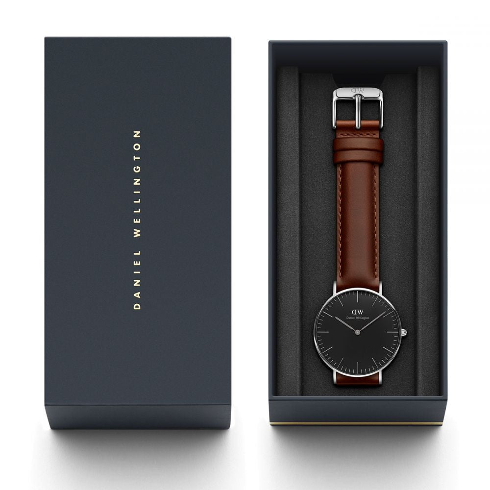 Daniel Wellington St Mawes 36mm Black Dial Brown Genuine Leather Silver Watch - DW00100142