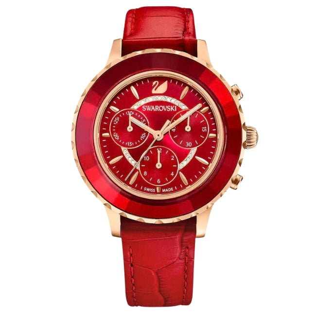 Swarovski Octea Lux Chrono Faceted Crystal Bezel Red Dial Rose Gold Tone Women's Watch 5646975
