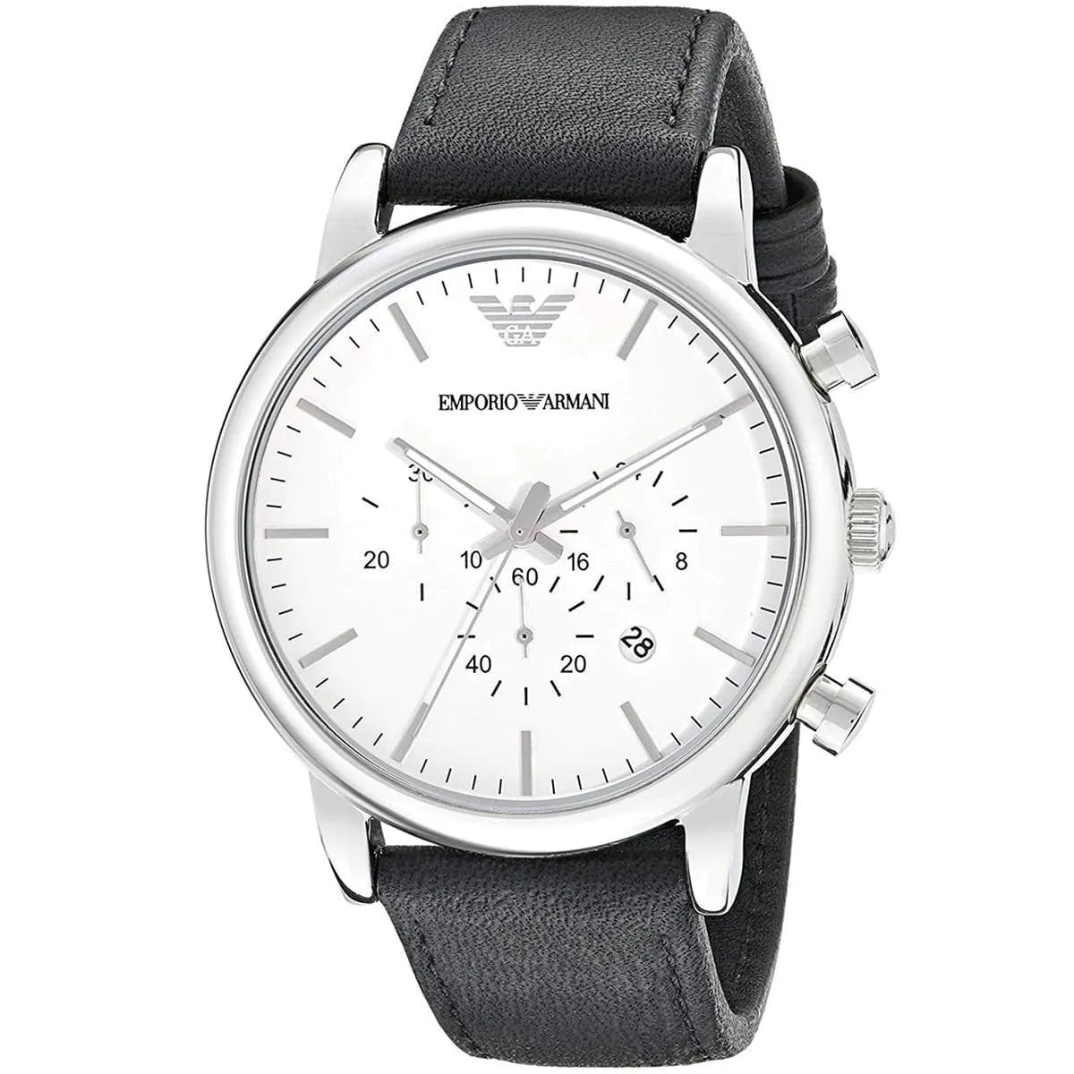Emporio Armani Classic Chronograph White Dial Black Genuine Leather Men's Watch - AR1807