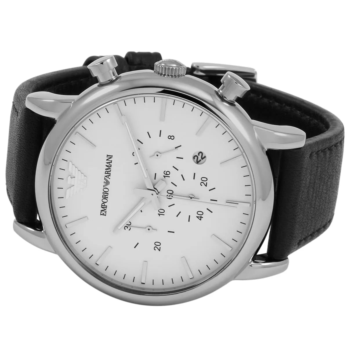 Emporio Armani Classic Chronograph White Dial Black Genuine Leather Men's Watch - AR1807