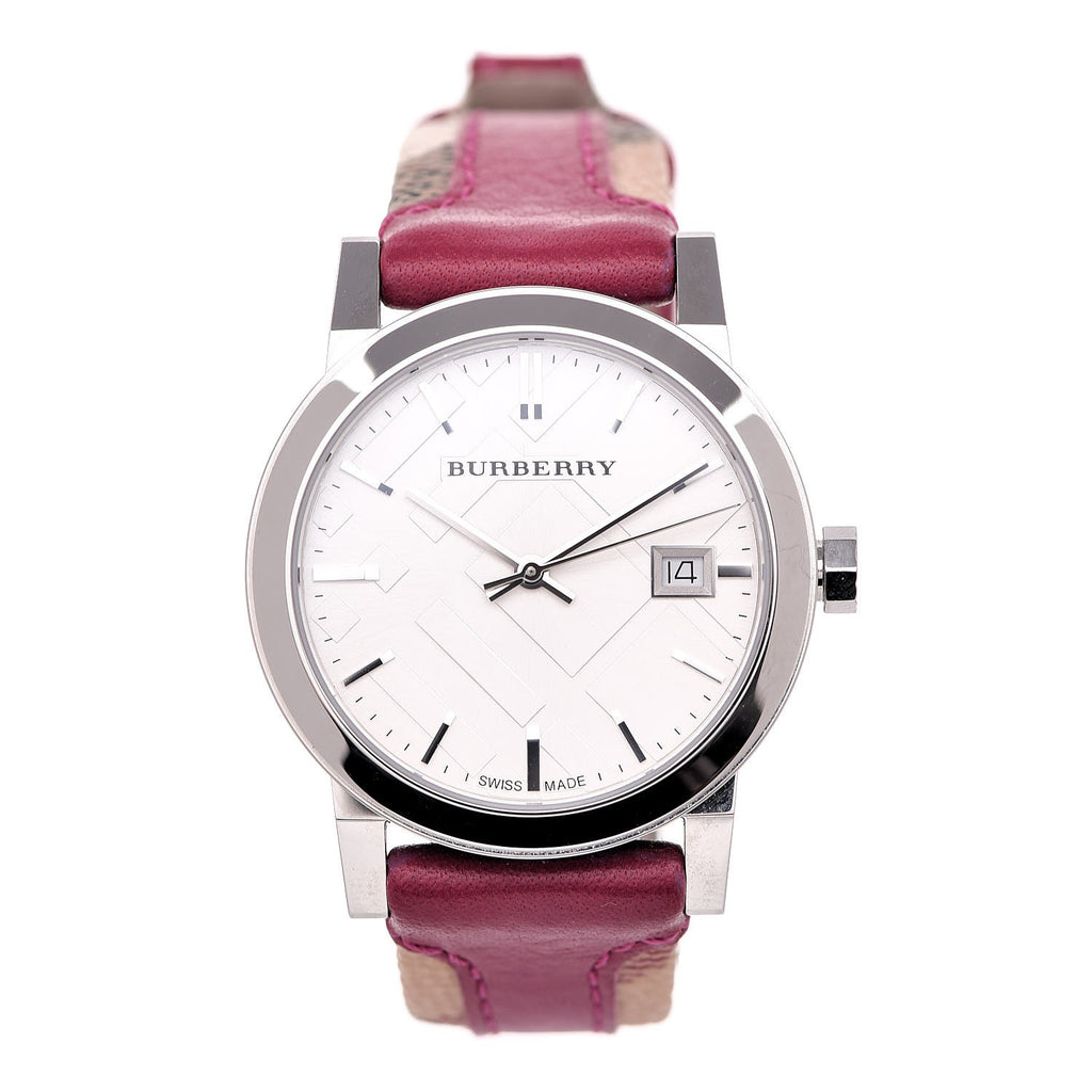 Burberry The City White Dial Haymarket Pink Leather Strap Watch for Women - BU9149