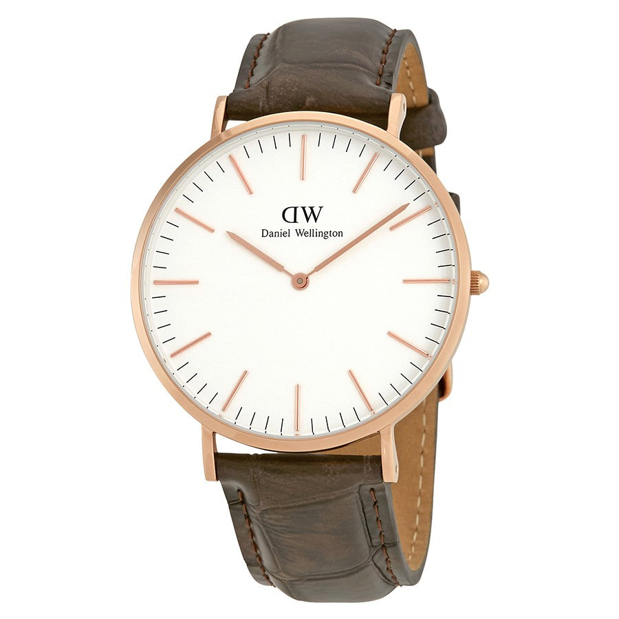 Daniel Wellington York 40mm White Dial Dark Brown Genuine Leather Gold Men's Watch - DW00100011
