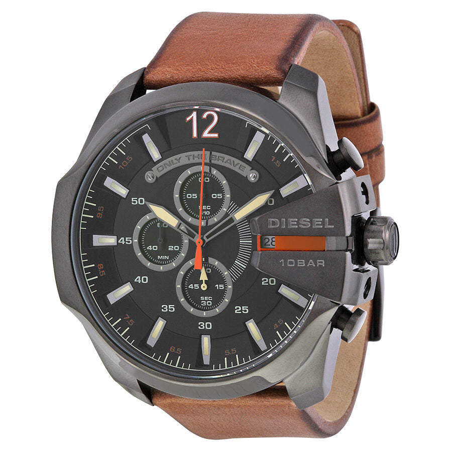 Diesel Mega Chief Black Dial Brown Leather Men's Quartz Watch DZ4343