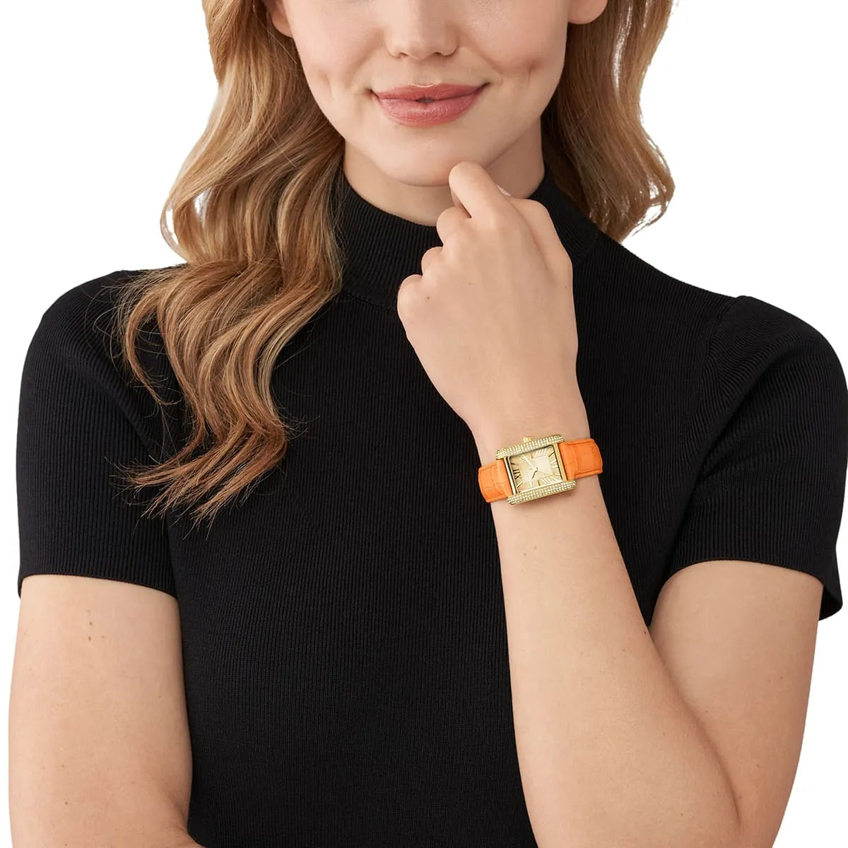 Michael Kors Emery Pavé Gold-Tone and orage leather strap Women's Watch - MK2983