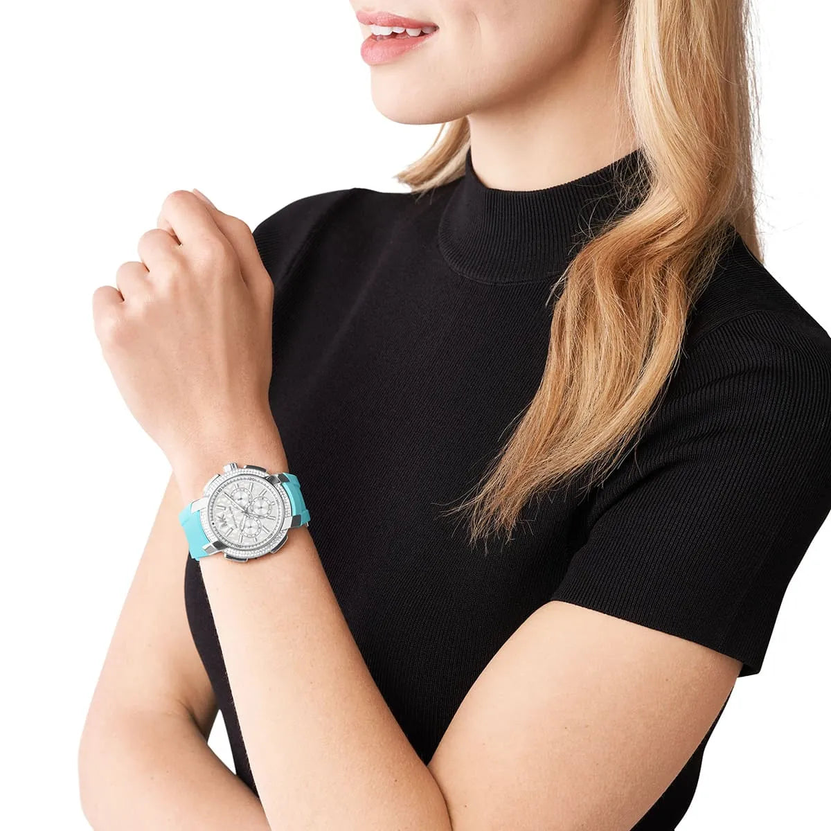 Michael Kors Oversized Sidney Pavé Silver-Tone and Turquoise Silicone Women's Watch - MK7246