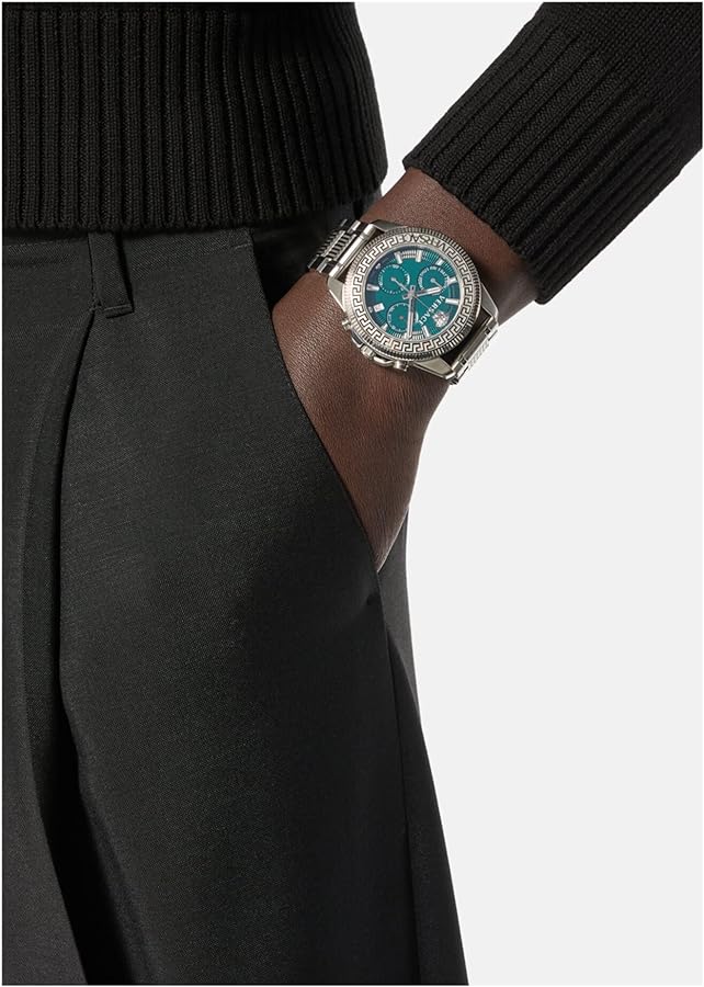 Versace Greca Action Chronograph Quartz Green Dial Silver Steel Strap Men's Watch - VE3J00422