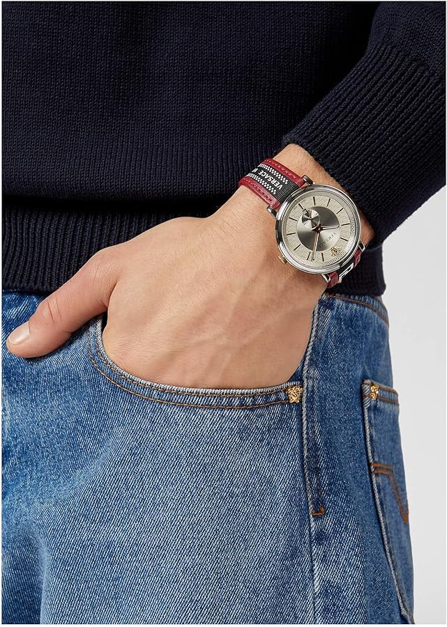 Versace V Circle Silver Dial Two-Tone Leather Strap Swiss Movt Watch - VEBQ01319